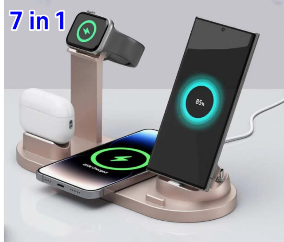 7 In 1 Wireless Charger Stand Pad For iPhone 15 14 13 12 11 X Apple Watch Airpods Desk Phone Chargers Fast Charging